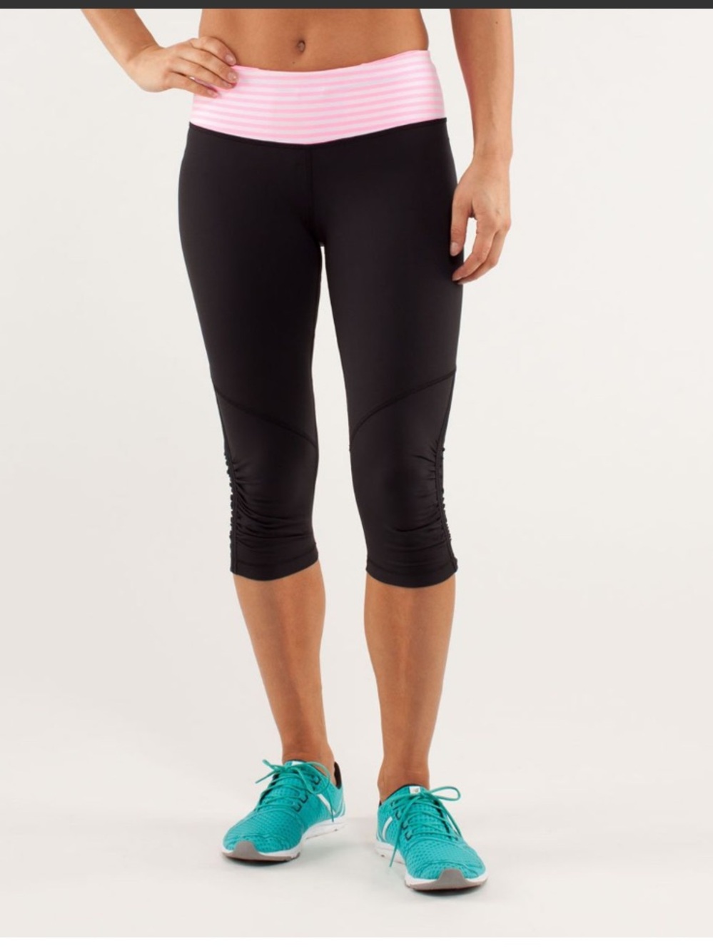 Lululemon Cropped Capris Run For Your Life Black w/Pink&White Striped Band-4 Dot